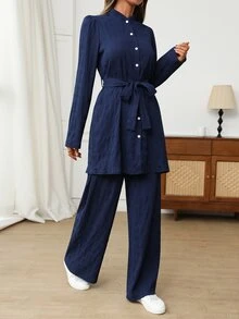 EMERY ROSE Women's Solid Color Knot Waist Long Sleeve Top And Pants Casual Elegant Daily 2 Pieces Set Office Navy Blue Autumn - Blue - View 4