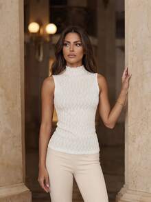 Anewsta Early Autumn Beige Apricot Frill Trim Semi-High Neck Textured Fitted Sleeveless Layering Tank Top For Women - Beige - View 3