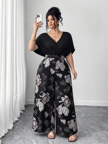 Elenzga Plus Size Solid Color & Printed Patchwork V-Neck Short Sleeve Jumpsuit - Black and White - View 1