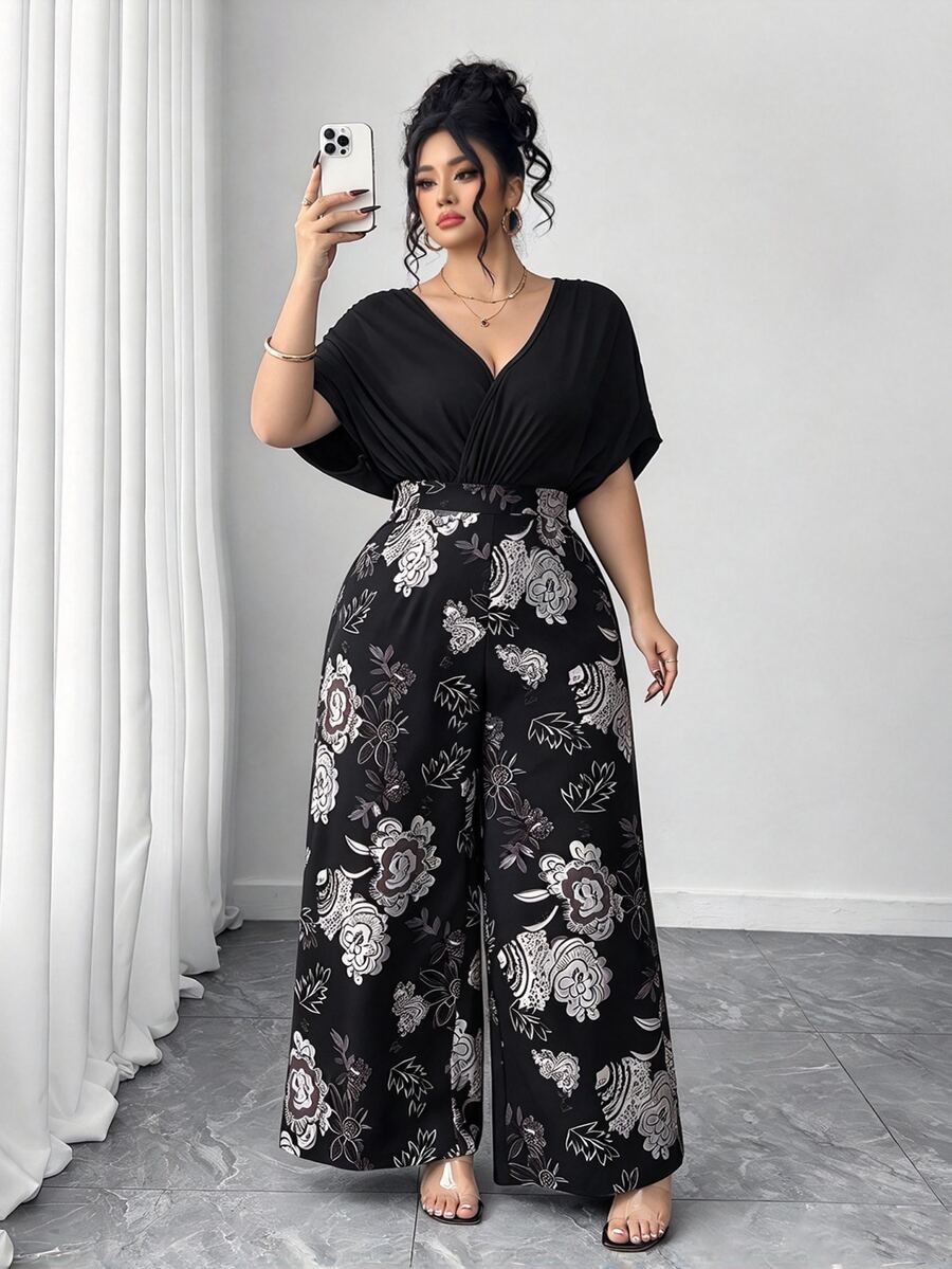 Elenzga Plus Size Solid Color & Printed Patchwork V-Neck Short Sleeve Jumpsuit - Black and White - View 1