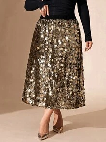 Comfylo Plus Size Elegant Exquisite Sequin Skirt For Evening Party Fall - Gold - View 4