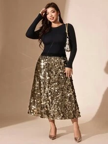 Comfylo Plus Size Elegant Exquisite Sequin Skirt For Evening Party Fall - Gold - View 7