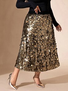Comfylo Plus Size Elegant Exquisite Sequin Skirt For Evening Party Fall - Gold - View 5