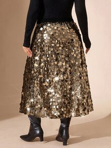 Comfylo Plus Size Elegant Exquisite Sequin Skirt For Evening Party Fall - Gold - View 8