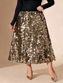 Comfylo Plus Size Elegant Exquisite Sequin Skirt For Evening Party Fall - Gold - View 6