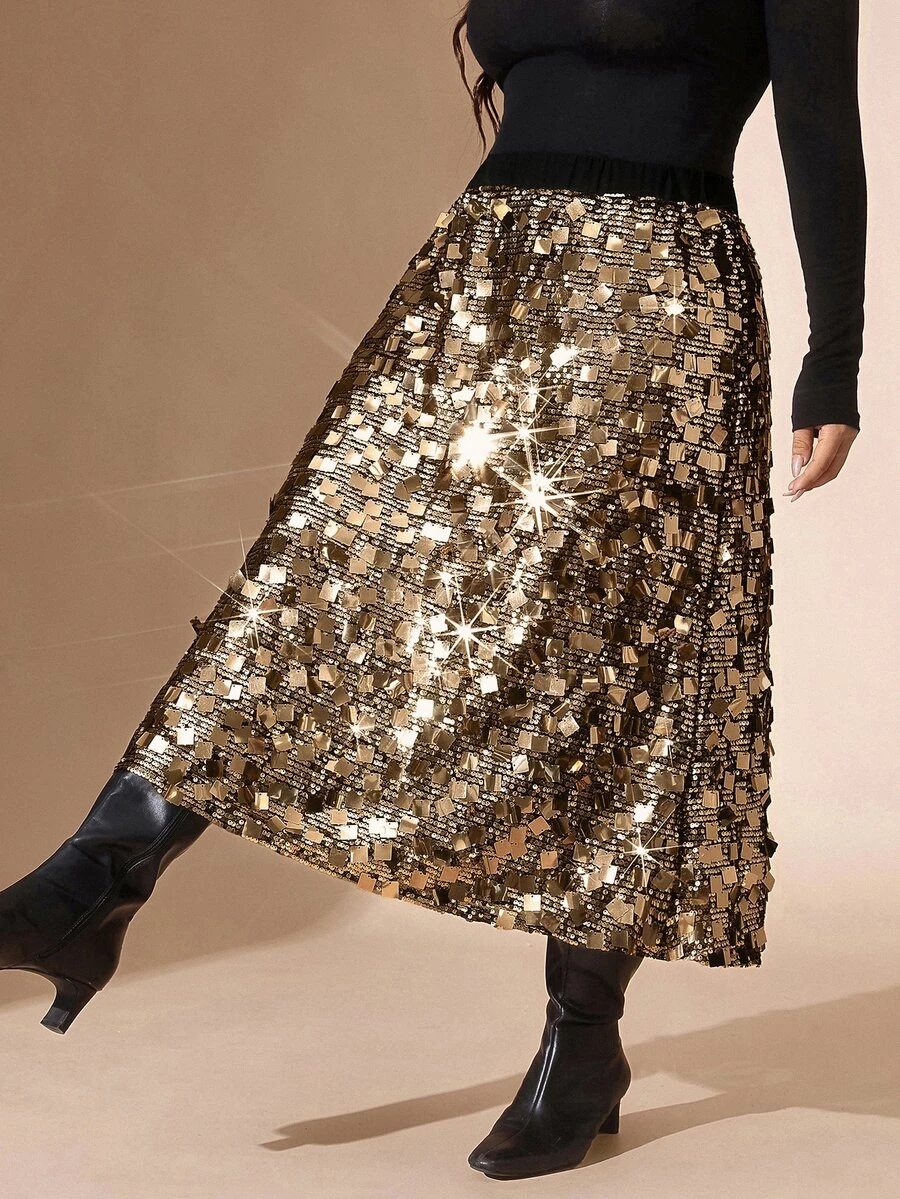 Comfylo Plus Size Elegant Exquisite Sequin Skirt For Evening Party Fall - Gold - View 1