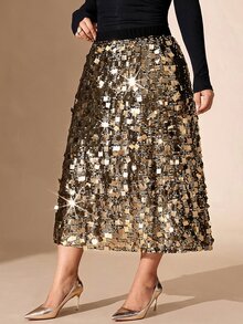 Comfylo Plus Size Elegant Exquisite Sequin Skirt For Evening Party Fall - Gold - View 3