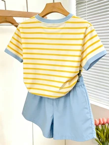 Resyla 2pcs Women's Digital Stripe Short Sleeve T-Shirt & Shorts Set, Summer - White - View 2