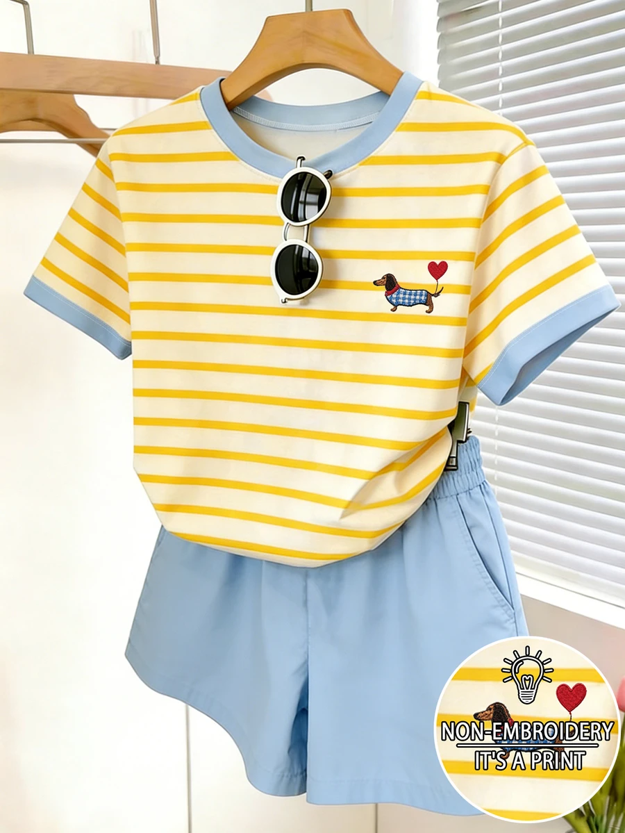 Resyla 2pcs Women's Digital Stripe Short Sleeve T-Shirt & Shorts Set, Summer - White - View 1
