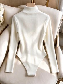 GlowEve White Half-Zip Stand Collar Long Sleeve Bodysuit, Ribbed Elastic Slim Fit, Half-Zip Metal Placket, Slim Elastic Fit, Triangle Crotch Design, Minimalist Sexy Style, Commuter Innerwear Style, Daily Wear, Layering, Street Date - Black - View 2