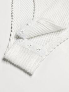 GlowEve White Half-Zip Stand Collar Long Sleeve Bodysuit, Ribbed Elastic Slim Fit, Half-Zip Metal Placket, Slim Elastic Fit, Triangle Crotch Design, Minimalist Sexy Style, Commuter Innerwear Style, Daily Wear, Layering, Street Date - Black - View 3