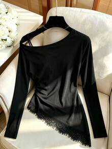 SHEIN Franclia Women's Casual Elegant Asymmetrical Hem Contrast Lace Asymmetrical Shoulder Long Sleeve Top, Suitable For Comfortable Daily Wear - Black - View 2