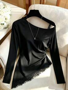 SHEIN Franclia Women's Casual Elegant Asymmetrical Hem Contrast Lace Asymmetrical Shoulder Long Sleeve Top, Suitable For Comfortable Daily Wear - Black - View 1
