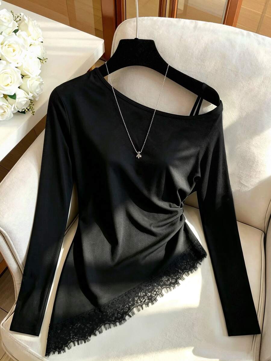 SHEIN Franclia Women's Casual Elegant Asymmetrical Hem Contrast Lace Asymmetrical Shoulder Long Sleeve Top, Suitable For Comfortable Daily Wear - Black - View 1