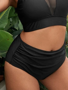SHEIN Swim Summer Beach Plus Ruched High Waisted Bikini Bottom - Black - View 5