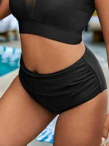 SHEIN Swim Summer Beach Plus Ruched High Waisted Bikini Bottom - Black - View 3