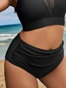 SHEIN Swim Summer Beach Plus Ruched High Waisted Bikini Bottom - Black - View 1