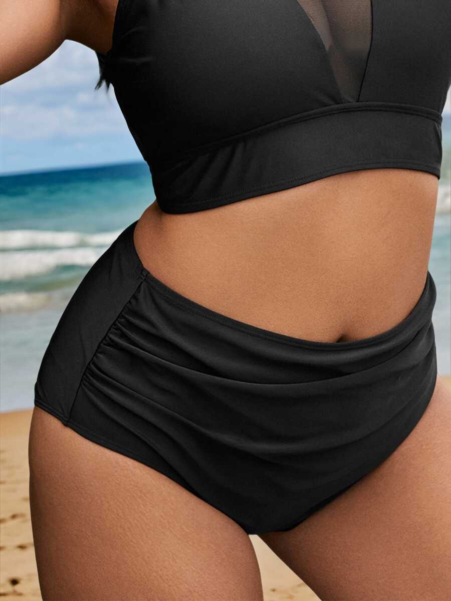 SHEIN Swim Summer Beach Plus Ruched High Waisted Bikini Bottom - Black - View 1