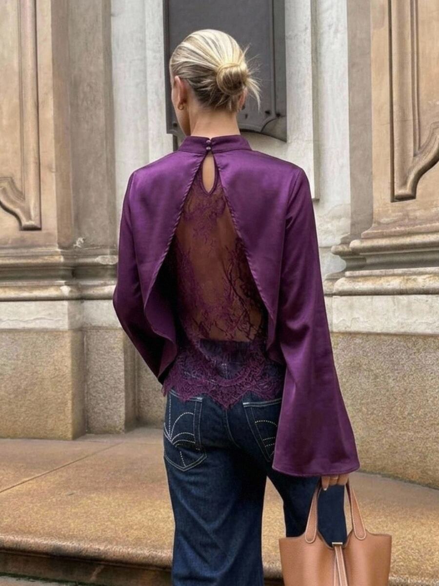 Aloruh Women's Vintage Elegant Lace Patchwork Acetate Blouse, Commuter Shirt, Suitable For Autumn/Winter - Red Violet - View 1
