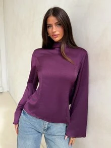 Aloruh Women's Vintage Elegant Lace Patchwork Acetate Blouse, Commuter Shirt, Suitable For Autumn/Winter - Red Violet - View 2