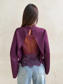 Aloruh Women's Vintage Elegant Lace Patchwork Acetate Blouse, Commuter Shirt, Suitable For Autumn/Winter - Red Violet - View 3