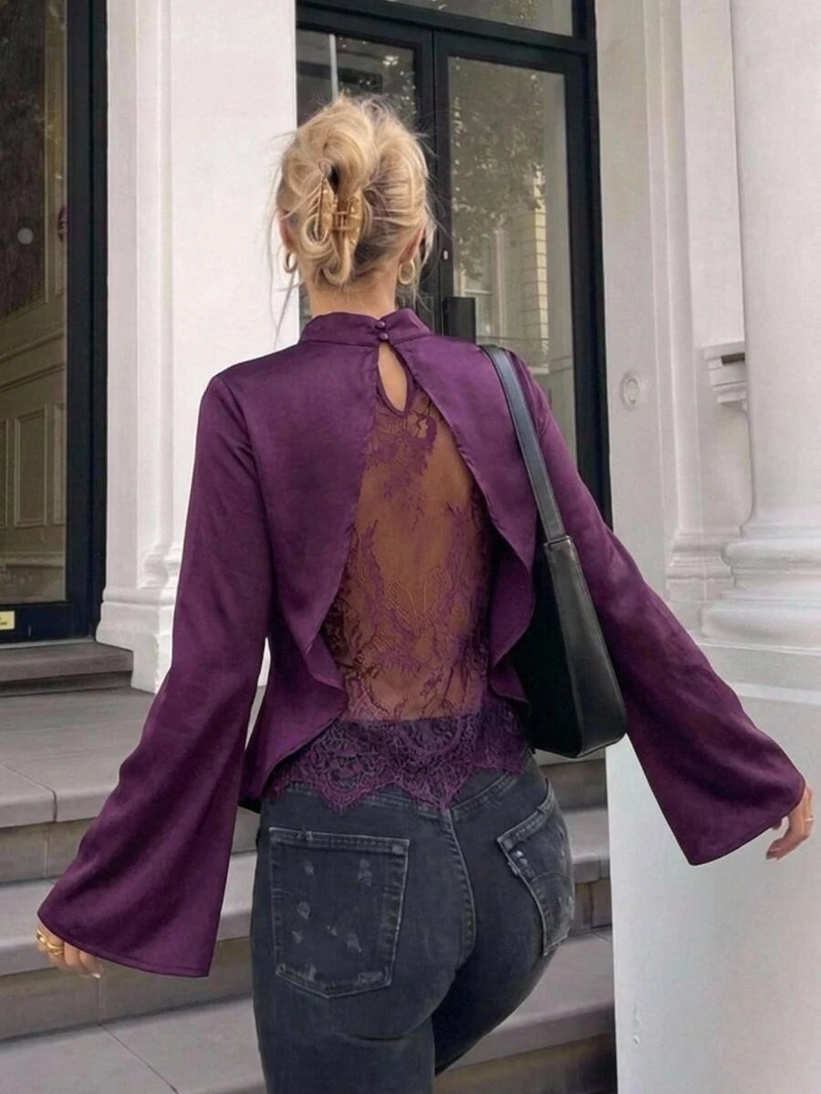 Aloruh Women's Vintage Elegant Lace Patchwork Acetate Blouse, Commuter Shirt, Suitable For Autumn/Winter - Red Violet - View 1