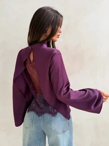 Aloruh Women's Vintage Elegant Lace Patchwork Acetate Blouse, Commuter Shirt, Suitable For Autumn/Winter - Red Violet - View 4