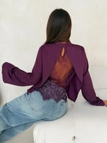 Aloruh Women's Vintage Elegant Lace Patchwork Acetate Blouse, Commuter Shirt, Suitable For Autumn/Winter - Red Violet - View 5