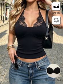 Cévolie Women's French Style Daily Best-Selling Tank Top With Built-In Cups, Solid Color Collar With Lace Design, Knitted Tank Top, Padded Tank Top, Autumn/Winter Tank Top - Black - View 1
