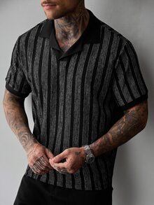 SLATEMANN Men's Striped Casual Daily Short Sleeve Polo Shirt - Black - View 3