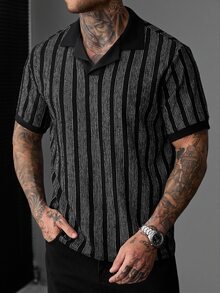 SLATEMANN Men's Striped Casual Daily Short Sleeve Polo Shirt - Black - View 5