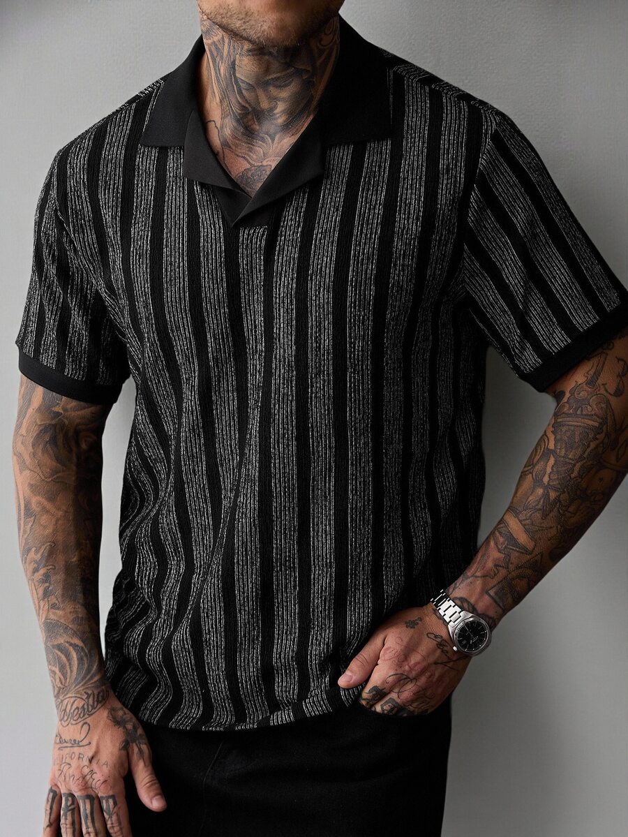 SLATEMANN Men's Striped Casual Daily Short Sleeve Polo Shirt - Black - View 1
