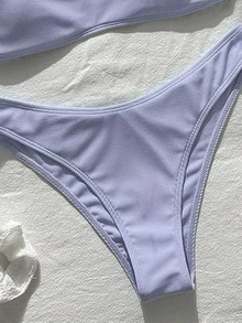 SHEIN Swim Women's 2 Pieces Bikini Swimwear Set, Double Shoulder Straps, Island Beach Vacation, Light Purple Ribbed Fabric, Two Pieces Swimwear For Pool Party, Casual Versatile - Mauve Purple - View 4