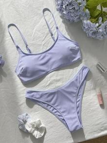 SHEIN Swim Women's 2 Pieces Bikini Swimwear Set, Double Shoulder Straps, Island Beach Vacation, Light Purple Ribbed Fabric, Two Pieces Swimwear For Pool Party, Casual Versatile - Mauve Purple - View 2