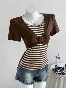 Elamini Y2K Shibuya Babe Slim Retro Colorblock Striped Brown Short Sleeve T-Shirt, Spring/Summer - Brown - View 3