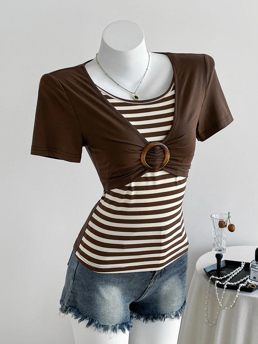 Elamini Y2K Shibuya Babe Slim Retro Colorblock Striped Brown Short Sleeve T-Shirt, Spring/Summer - Brown - View 1