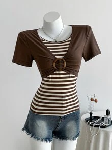 Elamini Y2K Shibuya Babe Slim Retro Colorblock Striped Brown Short Sleeve T-Shirt, Spring/Summer - Brown - View 5