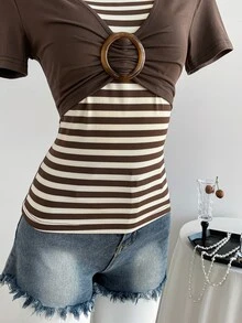 Elamini Y2K Shibuya Babe Slim Retro Colorblock Striped Brown Short Sleeve T-Shirt, Spring/Summer - Brown - View 6