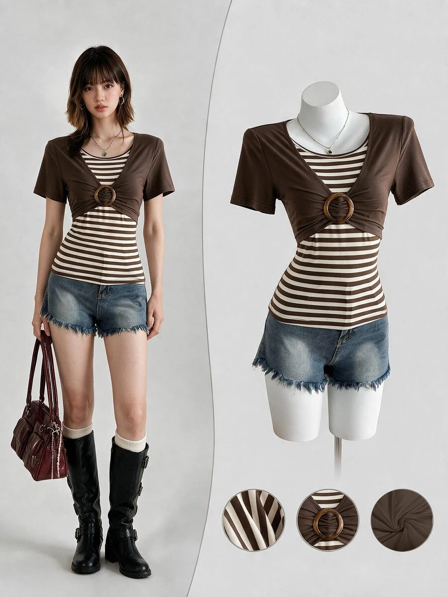 Elamini Y2K Shibuya Babe Slim Retro Colorblock Striped Brown Short Sleeve T-Shirt, Spring/Summer - Brown - View 1