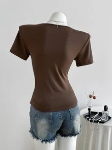 Elamini Y2K Shibuya Babe Slim Retro Colorblock Striped Brown Short Sleeve T-Shirt, Spring/Summer - Brown - View 2