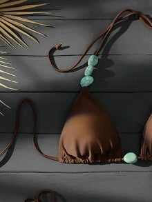 Swim Basics Women's Summer Beach Halter Necklace With Jade Marble Green Texture Decor, Suitable For Beach, Pool, Casual Party, Vacation, Spring/Summer - Coffee Brown - View 7