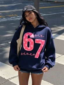 Tween Girl 1 Pc Navy Blue Sweatshirt, Fall Winter Casual Baggy Active Modest Back-To-School Styles, Creative Personalized Pink Star Letter Print Tops - Navy Blue - View 1