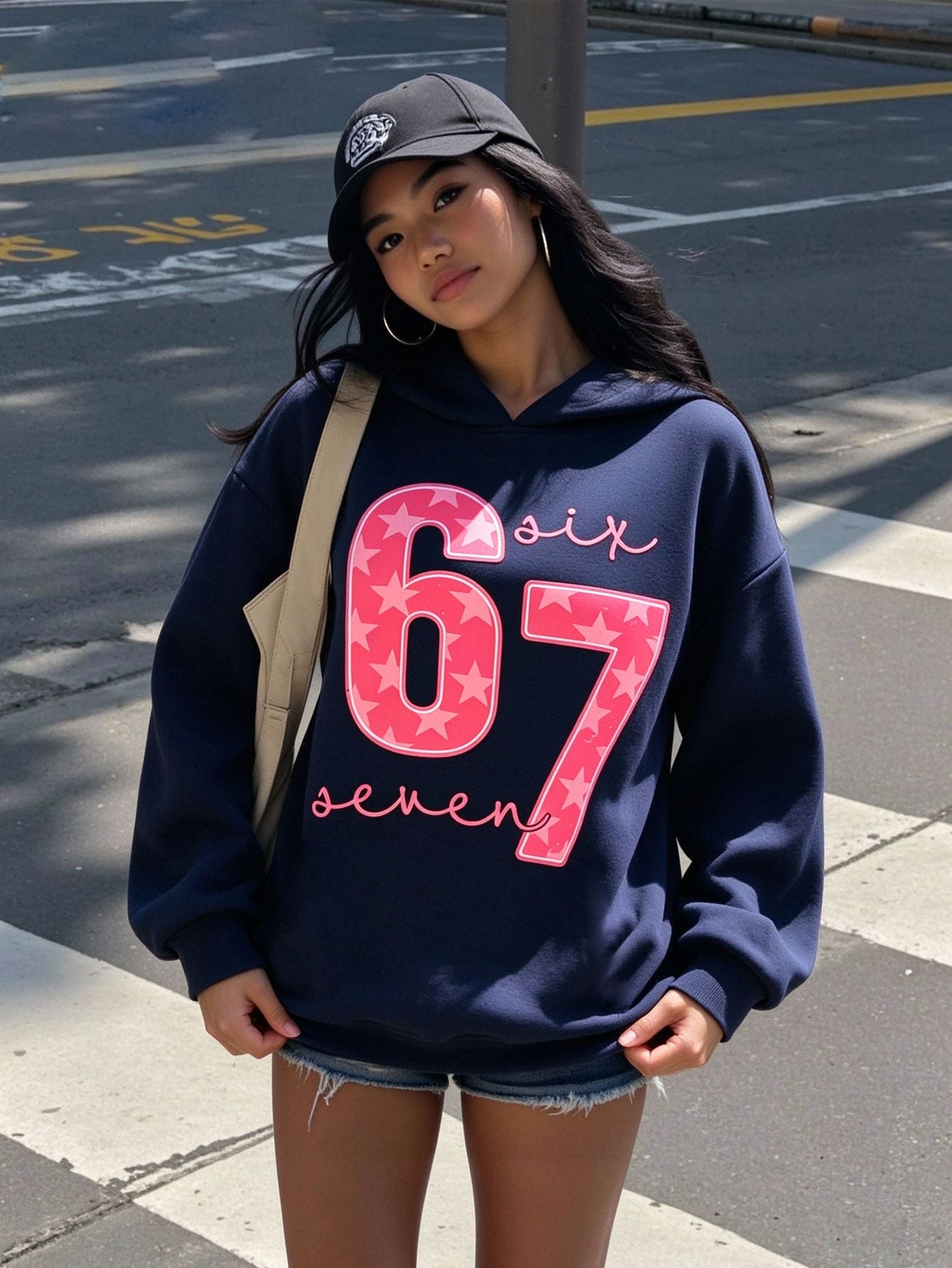 Tween Girl 1 Pc Navy Blue Sweatshirt, Fall Winter Casual Baggy Active Modest Back-To-School Styles, Creative Personalized Pink Star Letter Print Tops - Navy Blue - View 1