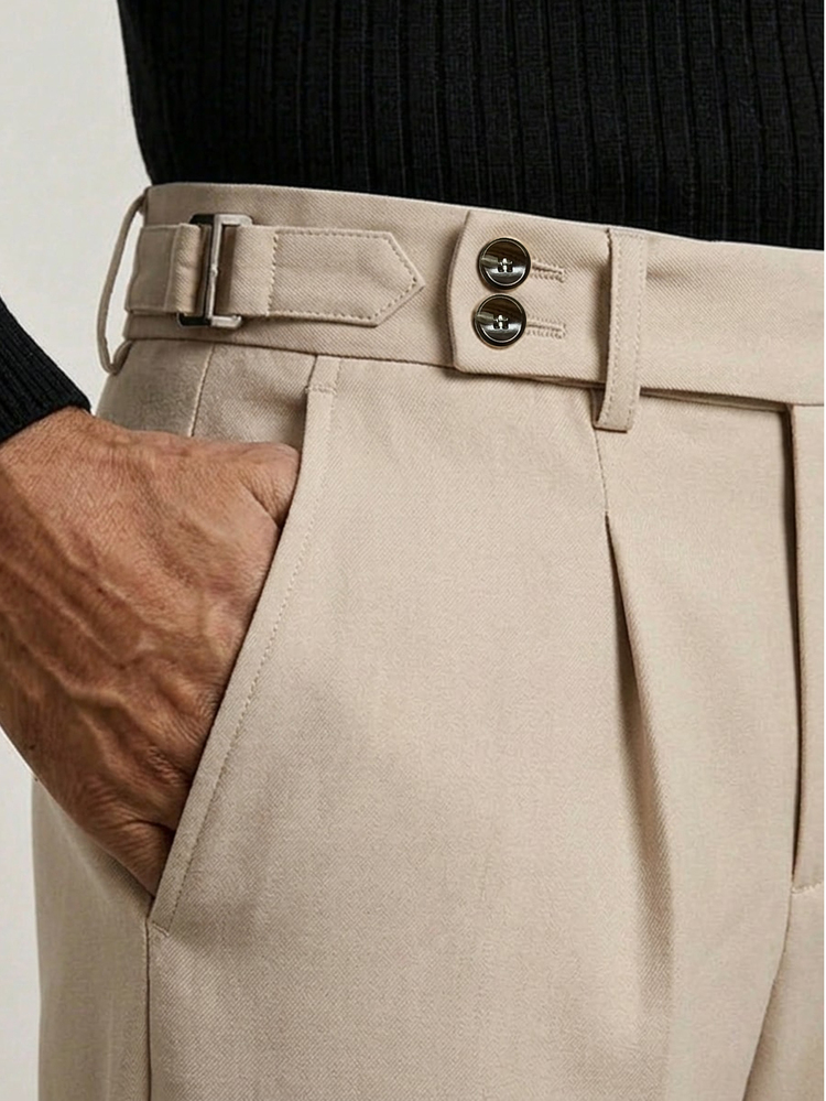 AKNOTIC Men's Beige Summer Business Casual Office Suit Pants,Woven Mid-Waist Straight Leg Casual Trousers For Party,Wedding,Graduation Gift,Father's Day Gifts - Apricot - View 1