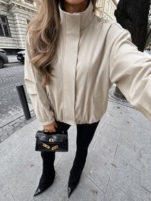 Avenya Women's Solid Color Stand Collar Fashion Versatile Daily Casual Long Sleeve Jacket Everyday Beige Autumn - Khaki - View 3