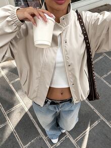Avenya Women's Solid Color Stand Collar Fashion Versatile Daily Casual Long Sleeve Jacket Everyday Beige Autumn - Khaki - View 5