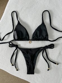 SHEIN Swim Women's Jacquard Fabric Halter Metallic Decor Sexy Bikini Set, Summer - Black - View 3