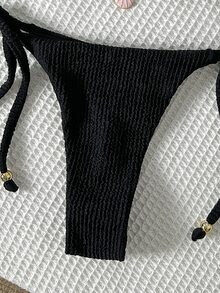 SHEIN Swim Women's Jacquard Fabric Halter Metallic Decor Sexy Bikini Set, Summer - Black - View 7