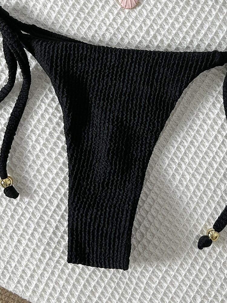 SHEIN Swim Women's Jacquard Fabric Halter Metallic Decor Sexy Bikini Set, Summer - Black - View 7