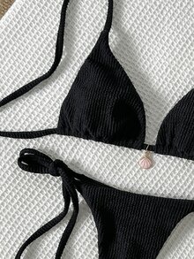 SHEIN Swim Women's Jacquard Fabric Halter Metallic Decor Sexy Bikini Set, Summer - Black - View 6